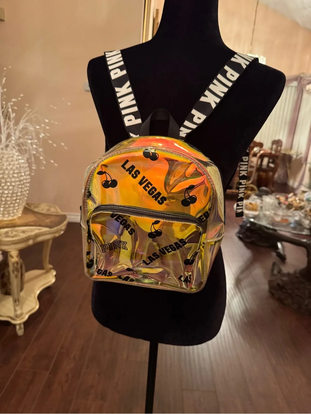 Victoria's Secret PINK Clear Iridescent transparent Backpack gold LAS VEGAS